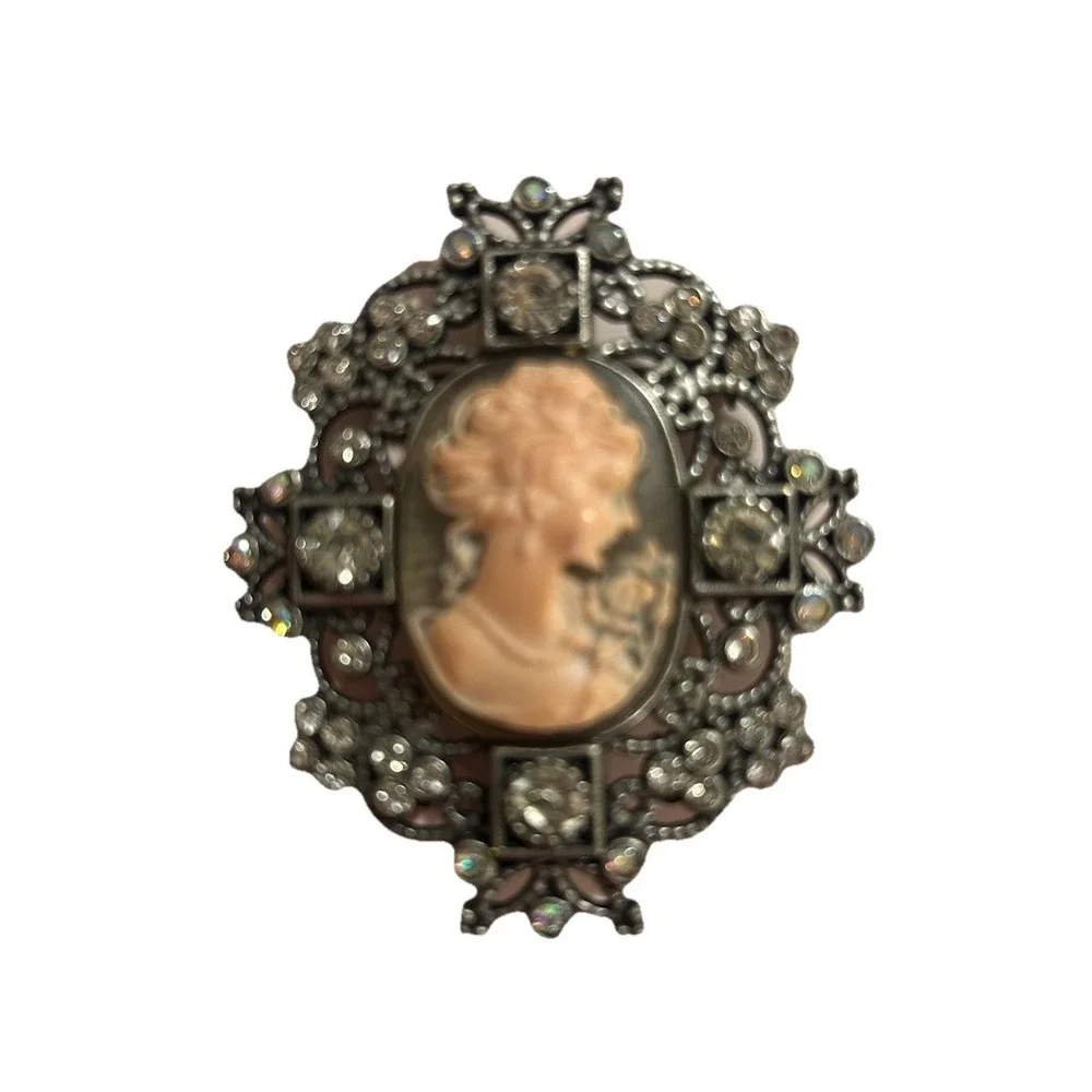 Vintage Cameo Style Rhinestone Brooch w Extenders Victorian Revival